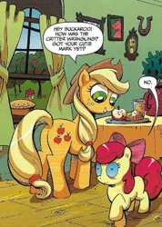 Size: 271x380 | Tagged: safe, artist:andypriceart, derpibooru import, idw, apple bloom, applejack, earth pony, pony, the return of queen chrysalis, spoiler:comic01, apple, apple pie, apple sisters, applejack's hat, basket, bow, butt, cowboy hat, dialogue, disguise, disguised changeling, female, filly, foal, food, framed picture, hair bow, hat, image, infected, juice, mare, orange juice, pie, plot, png, siblings, sisters, smiling, speech bubble, table, text, tree