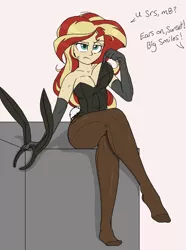 Size: 1080x1454 | Tagged: suggestive, artist:raps, derpibooru import, editor:bandgeek32, sunset shimmer, equestria girls, breasts, bunny ears, bunny suit, busty sunset shimmer, cleavage, clothes, colored, crossed legs, evening gloves, female, gloves, human coloration, image, leotard, long gloves, m8, missing shoes, offscreen character, pantyhose, png, pulling, sexy, simple background, sitting, sketch, solo, solo female, stupid sexy sunset shimmer, unamused