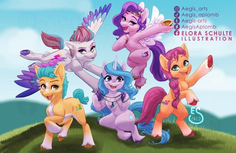 Size: 2048x1325 | Tagged: safe, artist:aegisaplomb, derpibooru import, hitch trailblazer, izzy moonbow, pipp petals, sunny starscout, zipp storm, earth pony, pegasus, pony, unicorn, bipedal, female, flying, g5, image, jpeg, male, mane five (g5), mare, open mouth, open smile, raised hoof, smiling, stallion, underhoof