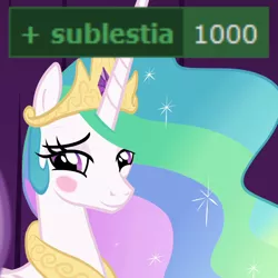 Size: 602x602 | Tagged: safe, derpibooru import, edit, edited screencap, screencap, princess celestia, alicorn, derpibooru, horse play, blushing, cropped, female, femsub, get, image, meta, png, solo, sublestia, submissive, tags