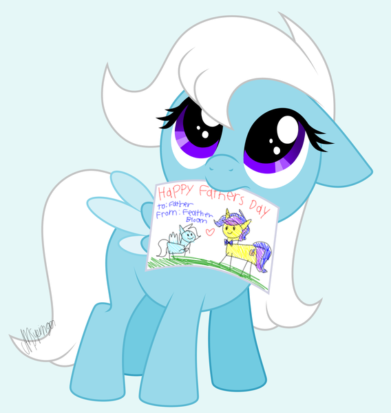 Size: 1893x2000 | Tagged: safe, artist:feather_bloom, derpibooru import, oc, oc:featherbloom, oc:sunny glare, pegasus, pony, crayon drawing, drawing, father and child, father and daughter, father's day, female, filly, foal, image, male, paper, png, simple background, traditional art
