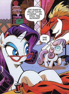 Size: 281x380 | Tagged: safe, artist:andypriceart, derpibooru import, edit, idw, rarity, sweetie belle, pony, unicorn, the return of queen chrysalis, spoiler:comic01, belle sisters, carousel boutique, cropped, dialogue, disguise, disguised changeling, eyeshadow, fabric, feather, female, filly, foal, glasses, hat, horn, image, infected, makeup, mannequin, mare, png, rarity's glasses, siblings, speech bubble, text, thread