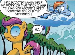 Size: 582x428 | Tagged: safe, artist:andypriceart, derpibooru import, edit, idw, rainbow dash, scootaloo, pegasus, pony, the return of queen chrysalis, spoiler:comic01, cloud, cropped, dialogue, disguise, disguised changeling, female, filly, foal, image, infected, mare, mountain, multicolored hair, png, rainbow hair, siblings, sisters, sky, smiling, speech bubble, spread wings, text, tree, wings