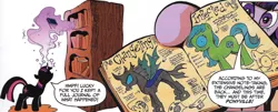 Size: 664x269 | Tagged: safe, artist:andypriceart, derpibooru import, edit, idw, twilight sparkle, changeling, earth pony, pony, unicorn, the return of queen chrysalis, spoiler:comic01, book, bookshelf, cropped, dialogue, disguise, disguised changeling, female, horn, image, infected, magic, mare, png, speech bubble, spread wings, telekinesis, text, tongue out, unicorn twilight, wings, x eyes