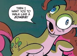 Size: 516x380 | Tagged: safe, artist:andypriceart, derpibooru import, edit, idw, pinkie pie, earth pony, pony, the return of queen chrysalis, spoiler:comic01, cropped, derp, dialogue, female, image, mare, png, speech bubble, text