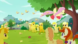 Size: 1280x720 | Tagged: safe, derpibooru import, screencap, fluttershy, unnamed character, unnamed pony, butterfly, earth pony, insect, pegasus, pony, rainbow roadtrip, clothes, image, leg warmers, png, yellow fur