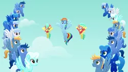Size: 1280x720 | Tagged: safe, derpibooru import, screencap, barley barrel, pickle barrel, rainbow dash, unnamed character, unnamed pony, pegasus, pony, rainbow roadtrip, blue fur, clothes, female, flying, goggles, hoodie, image, male, mare, png, shirt, stallion, t-shirt