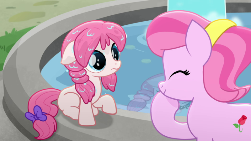 Size: 1280x720 | Tagged: safe, derpibooru import, screencap, tulip bulb, tulip rose, earth pony, pony, rainbow roadtrip, background pony, bow, female, filly, foal, fountain, hope hollow, image, mare, mother and child, mother and daughter, png, raised hoof, tail, tail bow, wet, wet mane