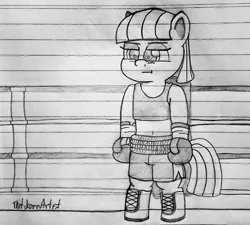 Size: 1280x1153 | Tagged: safe, artist:ct1443ae, derpibooru import, maud pie, earth pony, semi-anthro, boxing, boxing gloves, boxing ring, boxing shorts, clothes, image, jpeg, lined paper, pencil drawing, shorts, solo, sports, traditional art