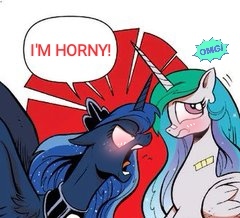 Size: 240x218 | Tagged: suggestive, derpibooru import, edit, idw, princess celestia, princess luna, alicorn, spoiler:comic, blushing, female, image, imminent sex, implied lesbian, implied princest, implied shipping, jpeg, luna is horny, omg, royal sisters, siblings, sisters, text edit, xk-class end-of-the-world scenario