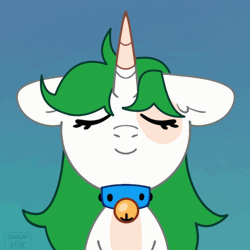 Size: 560x560 | Tagged: safe, artist:sugarstar, derpibooru import, oc, oc:sugarstar, unofficial characters only, pony, unicorn, animated, bell, bell collar, blue background, bust, collar, eyes closed, female, floppy ears, front view, gif, horn, image, loop, mare, party soft, signature, simple background, smiling, solo, unicorn oc, vibing