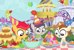 Size: 1261x843 | Tagged: safe, artist:swiftgaiathebrony, derpibooru import, apple bloom, scootaloo, sweetie belle, birthday, birthday party, cutie mark crusaders, hat, image, next generation, parent:sweetie belle, party, party hat, piñata, png