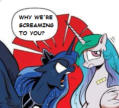 Size: 240x218 | Tagged: safe, derpibooru import, edit, idw, princess celestia, princess luna, alicorn, pony, spoiler:comic, spoiler:comic18, angry, angry face, female, image, luna is not amused, meme, png, royal sisters, siblings, sisters, text edit, unamused