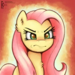 Size: 1620x1620 | Tagged: safe, artist:rcooper, derpibooru import, fluttershy, pegasus, pony, angry, blushing, ear fluff, female, fire, half body, image, jpeg, mare, pink hair, solo