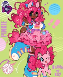 Size: 1080x1325 | Tagged: safe, artist:bland__boy, derpibooru import, kotobukiya, pinkie pie, earth pony, human, bandage, bishoujo, blushing, boots, bow, bracelet, candy, candy corn, clothes, cupcake, curly hair, dark skin, exclamation point, female, food, hair bow, heart, humanized, image, jewelry, jpeg, one eye closed, shoes, skirt, smiling, solo, solo female, stars, wink