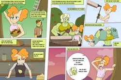 Size: 3931x2599 | Tagged: safe, artist:matchstickman, derpibooru import, grand pear, granny smith, pear butter, anthro, earth pony, pony, comic:the other side, abs, axe, breasts, busty granny smith, clothes, comic, deltoids, female, gloves, granny smash, gritted teeth, image, ladder, male, mare, muscles, muscular female, panting, pear tree, png, stallion, sweet apple acres, teenager, teeth, tree, weapon, young granny smith, young pear butter, younger