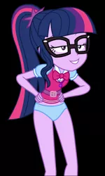 Size: 1200x2000 | Tagged: suggestive, derpibooru import, edit, vector edit, sci-twi, twilight sparkle, equestria girls, bedroom eyes, black background, bowtie, clothes, glasses, hand on hip, image, panties, png, ponytail, simple background, solo, underwear, underwear edit, vector