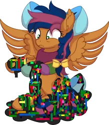 Size: 6137x7052 | Tagged: safe, artist:cyanlightning, derpibooru import, oc, oc:solar comet, unofficial characters only, pegasus, pony, .svg available, absurd resolution, bow, ear fluff, error, femboy, glitch, image, male, pibby, png, simple background, solo, transparent background, vector