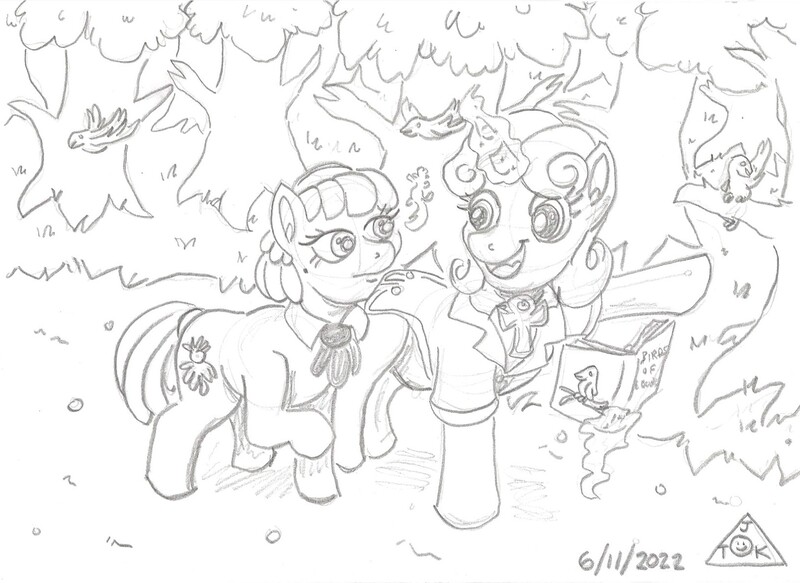 Size: 1634x1191 | Tagged: safe, artist:jamestkelley, derpibooru import, oc, oc:broadside barb, oc:guiding light, bird, earth pony, unicorn, birdwatching, duo, female, forest, image, jpeg, traditional art, tree