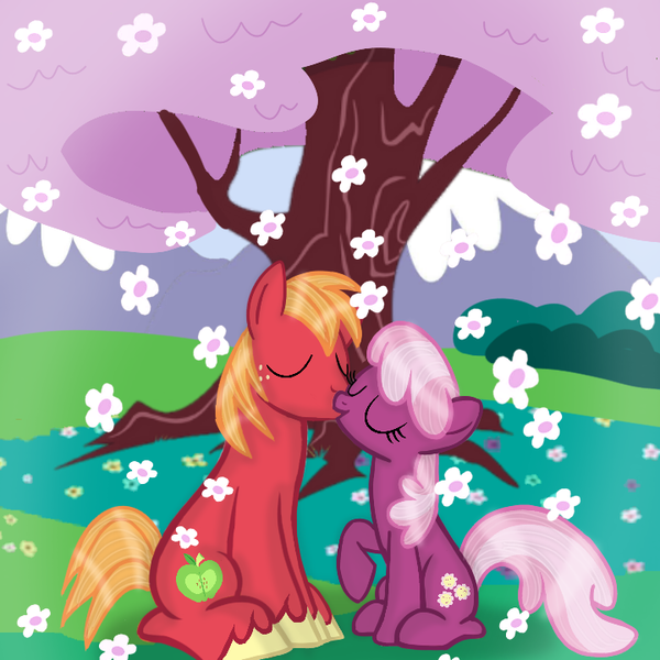 Size: 720x720 | Tagged: safe, artist:mlplary6, derpibooru import, big macintosh, cheerilee, earth pony, pony, cheerimac, eyes closed, female, flower, image, kissing, male, mare, png, shipping, stallion, straight, tree