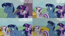 Size: 1280x720 | Tagged: safe, derpibooru import, edit, edited screencap, editor:quoterific, screencap, night light, twilight sparkle, twilight sparkle (alicorn), twilight velvet, alicorn, pony, unicorn, once upon a zeppelin, season 7, ^^, bag, eyes closed, female, image, jpeg, male, mare, open mouth, open smile, saddle bag, smiling, stallion, text, trio