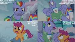 Size: 1280x720 | Tagged: safe, derpibooru import, edit, edited screencap, editor:quoterific, screencap, bow hothoof, scootaloo, pegasus, pony, parental glideance, season 7, bag, duo, female, filly, foal, grin, image, jpeg, male, nose in the air, open mouth, open smile, saddle bag, smiling, spread wings, stallion, text, wings