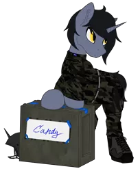 Size: 1300x1590 | Tagged: safe, artist:syntiset, derpibooru import, oc, oc:syntiset, unofficial characters only, pony, unicorn, ankle boots, belt, bipedal, bipedal leaning, boots, box, camouflage, clothes, crate, eye clipping through hair, helmet, horn, image, leaning, looking at each other, looking at someone, male, military, military uniform, pants, png, pony oc, ponybooru collab 2022, shoes, simple background, solo, spread legs, spreading, stallion, transparent background, unicorn oc, uniform