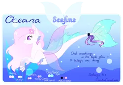 Size: 900x621 | Tagged: safe, artist:creativecocoacookie, derpibooru import, oc, unofficial characters only, merpony, seapony (g4), bubble, dorsal fin, female, fin wings, fins, fish tail, flower, flower in hair, flowing mane, flowing tail, image, ocean, pink mane, png, signature, smiling, solo, tail, text, underwater, water, wings