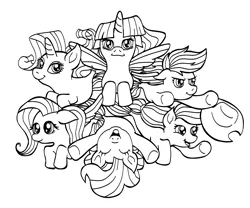 Size: 2078x1729 | Tagged: safe, artist:doodlenotespictures, derpibooru import, applejack, fluttershy, pinkie pie, rainbow dash, rarity, twilight sparkle, twilight sparkle (alicorn), alicorn, earth pony, pegasus, pony, seapony (g4), unicorn, applejack's hat, cowboy hat, eyes closed, female, fin wings, fins, fish tail, flowing mane, happy, hat, horn, image, lineart, mane six, mare, open mouth, png, seaponified, seapony applejack, seapony fluttershy, seapony pinkie pie, seapony rainbow dash, seapony rarity, seapony twilight, simple background, smiling, species swap, swimming, tail, white background, wings