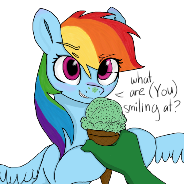 Size: 1000x1000 | Tagged: safe, artist:redruin01, color edit, derpibooru import, edit, mint chip, rainbow dash, oc, oc:anon, human, pegasus, pony, (you), colored, cute, dashabetes, dialogue, eye clipping through hair, eyebrows, eyebrows visible through hair, female, food, hand, holding, human male, human oc, ice cream, ice cream cone, ice cream on nose, image, looking at you, male, mare, offscreen character, png, pov, simple background, smiling, smirk, spread wings, talking, talking to viewer, transparent background, wings
