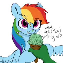 Size: 1000x1000 | Tagged: safe, artist:redruin01, color edit, derpibooru import, edit, mint chip, rainbow dash, oc, oc:anon, human, pegasus, pony, (you), colored, cute, dashabetes, dialogue, eye clipping through hair, eyebrows, eyebrows visible through hair, female, food, hand, holding, human male, human oc, ice cream, ice cream cone, ice cream on nose, image, looking at you, male, mare, offscreen character, png, pov, simple background, smiling, smirk, spread wings, talking, talking to viewer, transparent background, wings