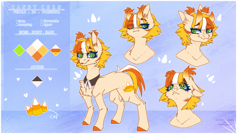 Size: 3288x1856 | Tagged: safe, artist:honeybbear, derpibooru import, oc, oc:candy corn, earth pony, pony, female, horns, image, mare, png, reference sheet, solo