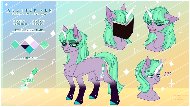 Size: 3288x1856 | Tagged: safe, artist:honeybbear, derpibooru import, oc, oc:glitter pen, pony, unicorn, colored horn, female, horn, image, mare, png, reference sheet, solo