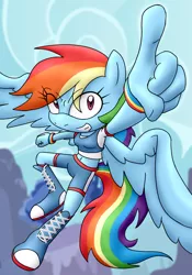 Size: 1400x2000 | Tagged: safe, artist:flash equestria photography, derpibooru import, rainbow dash, anthro, pegasus, belly button, grin, image, midriff, mobian, png, pointing, smiling, solo, sonic the hedgehog (series), sonicified