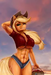 Size: 720x1051 | Tagged: safe, artist:shamziwhite, derpibooru import, applejack, anthro, earth pony, abs, apple, apple basket, arm behind head, basket, belly button, big breasts, breasts, busty applejack, cleavage, clothes, cowboy hat, female, food, front knot midriff, hat, image, jeans, long hair, midriff, muscles, pants, png, shirt, short jeans, shorts, solo, standing, straw in mouth, underboob