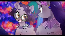 Size: 1920x1080 | Tagged: safe, artist:potetecyu_to, derpibooru import, ponified, earth pony, pony, unicorn, black background, crossover, duo, duo female, ear piercing, earring, encanto, female, glasses, horn, image, jewelry, jpeg, looking at each other, looking at someone, mare, mirabel madrigal, piercing, simple background, underhoof