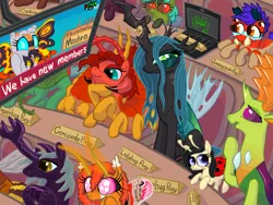 Size: 4000x3000 | Tagged: safe, artist:ja0822ck, derpibooru import, queen chrysalis, thorax, oc, bug pony, centipede, changedling, changeling, changeling queen, cockroach, fly, insect, kaiju, kaiju pony, ladybug, mantis, moth, atlas moth, computer, female, glare, godzilla (series), image, jumping spider, king thorax, laptop computer, mothra, png, queen chrysalis is not amused, television, unamused, unicorn beetle