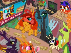 Size: 4000x3000 | Tagged: safe, alternate version, artist:ja0822ck, derpibooru import, queen chrysalis, thorax, oc, bug pony, centipede, changedling, changeling, changeling queen, cockroach, fly, insect, kaiju, kaiju pony, ladybug, mantis, moth, atlas moth, computer, female, glare, godzilla (series), image, jumping spider, king thorax, laptop computer, mothra, png, queen chrysalis is not amused, television, unamused, unicorn beetle, unshaded