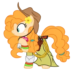 Size: 2022x1941 | Tagged: safe, artist:power of justice!sans, artist:third uncle, derpibooru import, edit, pear butter, earth pony, pony, clothes, cowboy hat, cowgirl, dress, female, flower, flower in hair, gun, handgun, hat, image, png, revolver, rope, simple background, transparent background, vector, weapon