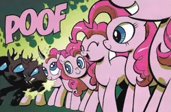 Size: 583x380 | Tagged: safe, artist:andypriceart, derpibooru import, edit, idw, pinkie pie, changeling, earth pony, pony, the return of queen chrysalis, spoiler:comic01, angry, clone, cropped, disguise, disguised changeling, fangs, female, horn, image, mare, pinkie clone, png, poof, smiling, transformation