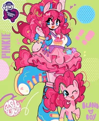 Size: 1080x1325 | Tagged: safe, artist:bland__boy, edit, editor:edits of hate, pinkie pie, pony, equestria girls, bandaid, blue eyes, blushing, boots, bow, bracelet, candy, clothes, colored hooves, cupcake, curly hair, cutie mark, cutie mark on clothes, exclamation point, fake ears, female, food, green background, hair bow, heart, human ponidox, image, jewelry, jpeg, looking at you, one eye closed, pony ears, self ponidox, shoes, simple background, skirt, smiling, stars, tailed humanization, wink