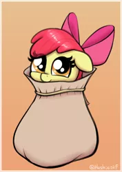 Size: 1062x1497 | Tagged: safe, artist:heretichesh, derpibooru import, apple bloom, earth pony, pony, adorabloom, cute, female, filly, foal, image, looking at you, orange background, png, sack, simple background, smiling, solo