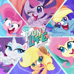 Size: 3000x3000 | Tagged: safe, derpibooru import, official, applejack, fluttershy, pinkie pie, rainbow dash, rarity, twilight sparkle, twilight sparkle (alicorn), alicorn, earth pony, pegasus, pony, unicorn, my little pony: pony life, female, image, itunes, mane six, mare, my little pony logo, png