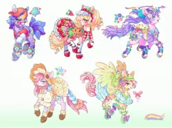 Size: 3164x2360 | Tagged: safe, artist:roccoco_co, derpibooru import, berry bright, clever clover, morning glory, petal blossom, sky skimmer, butterfly, earth pony, insect, pegasus, blushing, cap, clothes, converse, dress, g2, happy, hat, image, jpeg, redesign, shoes, smiling, socks, spread wings, sunglasses, wings