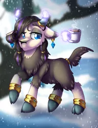 Size: 900x1165 | Tagged: safe, artist:mychelle, derpibooru import, oc, oc:russet quartz, hybrid, original species, yakony, coffee cup, cup, image, magic, male, offspring, parent:prince rutherford, parent:rarity, png, snow, solo