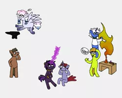 Size: 2500x2000 | Tagged: safe, artist:potatoconnoisseur, derpibooru import, oc, oc:assaultina, oc:heavy weather, oc:purple haze, oc:smelly bigshit, oc:up beet, oc:weird science, unofficial characters only, earth pony, pegasus, pony, unicorn, anvil, art trade, bipedal, derpibooru exclusive, duos, female, glasses, goggles, holding up, image, imminent injury, male, mare, missing cutie mark, png, science!, stallion