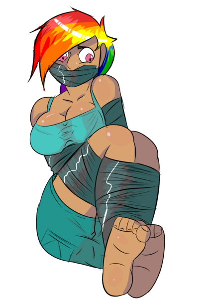 Size: 2616x3700 | Tagged: suggestive, artist:scotchwaifus, derpibooru import, rainbow dash, human, ass, barefoot, bondage, bound and gagged, breasts, busty rainbow dash, butt, cleavage, clothes, feet, female, femsub, gag, humanized, image, moderate dark skin, png, shorts, simple background, solo, solo female, submissive, tape, tape bondage, tape gag, tied up, transparent background