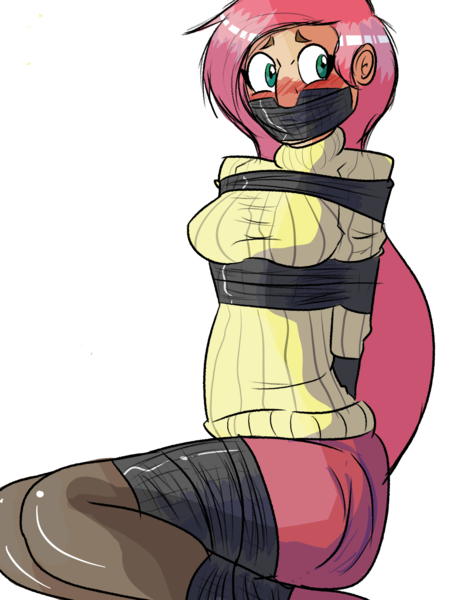 Size: 2975x3850 | Tagged: suggestive, artist:scotchwaifus, derpibooru import, fluttershy, human, blushing, bondage, bound and gagged, breasts, busty fluttershy, clothes, female, femsub, gag, humanized, image, png, simple background, sitting, solo, solo female, submissive, sweater, sweatershy, tape, tape bondage, tape gag, tied up, transparent background