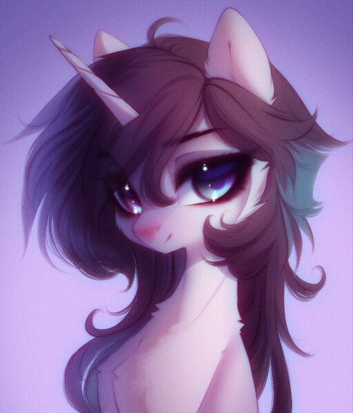 Size: 1458x1708 | Tagged: oc name needed, safe, artist:tomness, derpibooru import, oc, unofficial characters only, hybrid, pony, unicorn, bust, cheek fluff, chest fluff, ear fluff, eye clipping through hair, eyebrows, eyebrows visible through hair, eyelashes, gradient background, horn, image, jpeg, looking at you, portrait, smiling, smiling at you, solo, unicorn oc