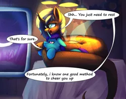 Size: 2035x1598 | Tagged: safe, artist:cornelia_nelson, derpibooru import, part of a set, oc, oc:buzzie, oc:delly, unofficial characters only, lamia, original species, pony, unicorn, bedsheets, commission, female, floppy ears, image, mare, open mouth, open smile, part of a series, png, smiling, speech bubble, story included, tired